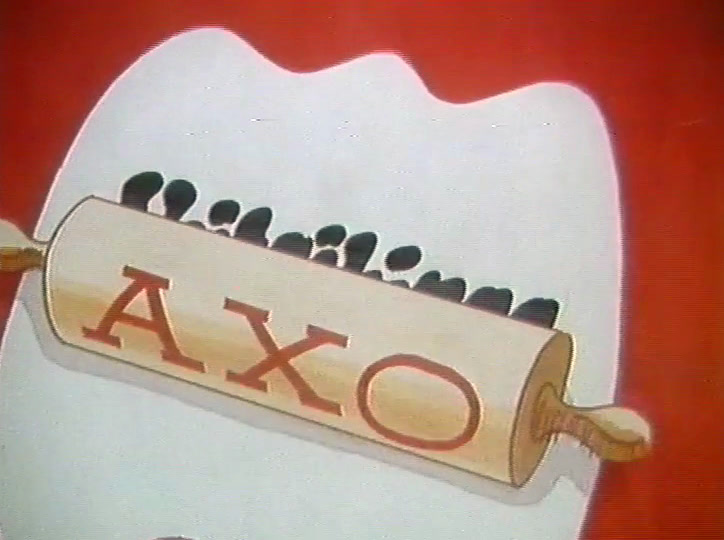 The AXO rolling pin centred on white with small dark shapes ranged along its edge