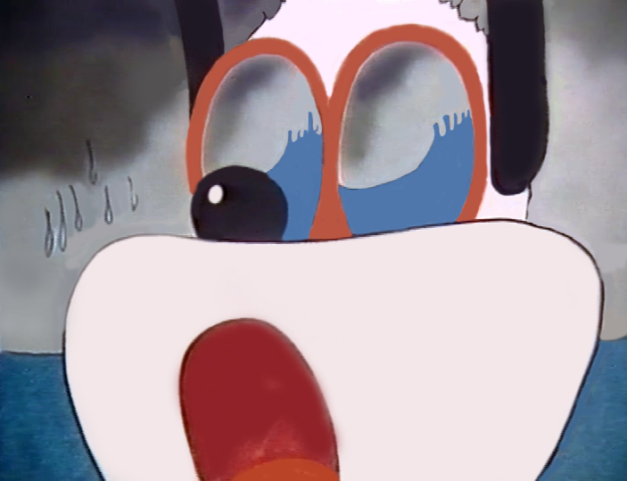 Still from Chocolate Bubbis, a close-up of the character’s eyes, nose and tongue with drops of sweat