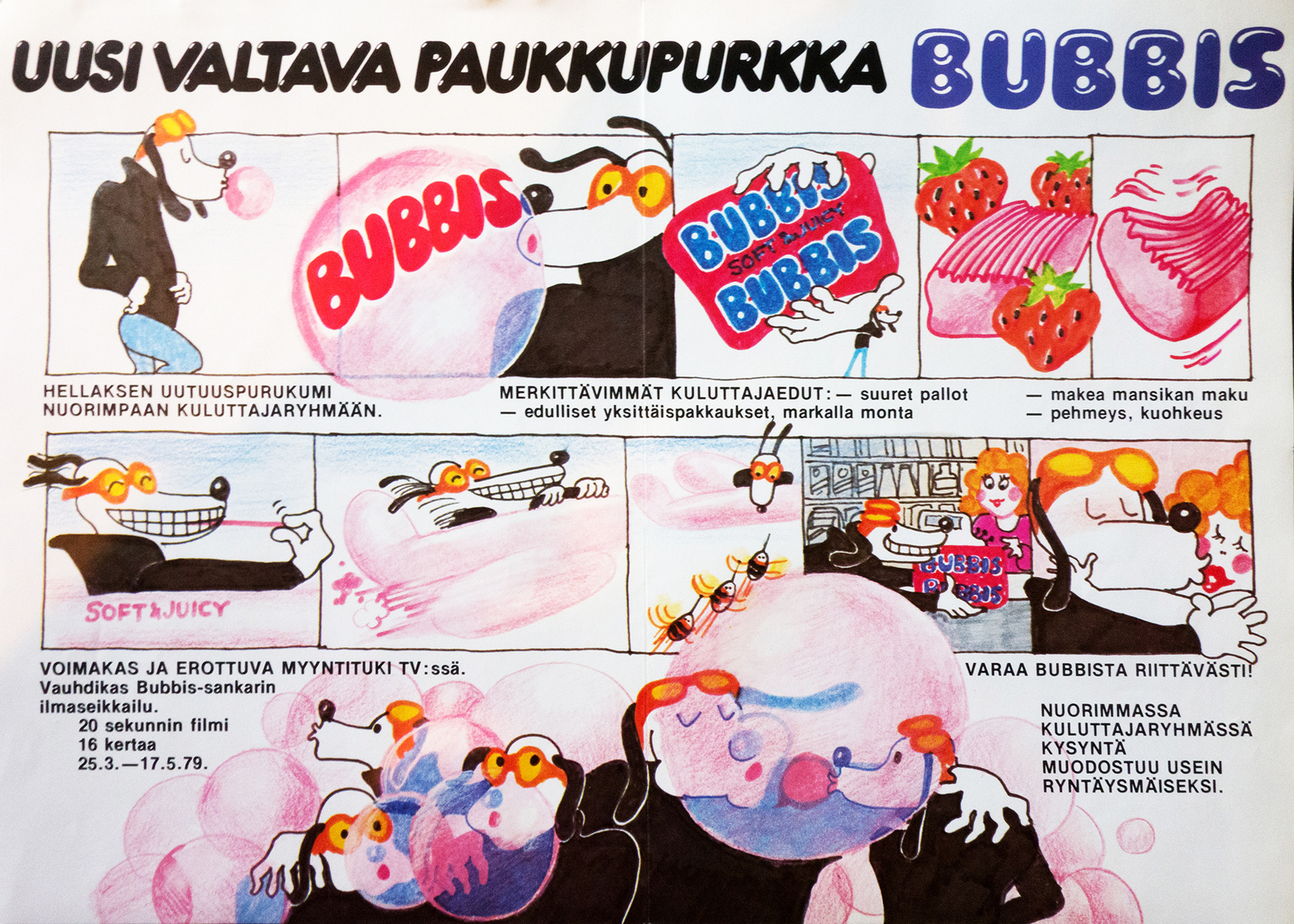 Bubbis trade poster headed UUSI VALTAVA PAUKKUPURKKA BUBBIS, with pink bubbles, gum packs and a comic strip showing the character escaping wasps in a pink aeroplane