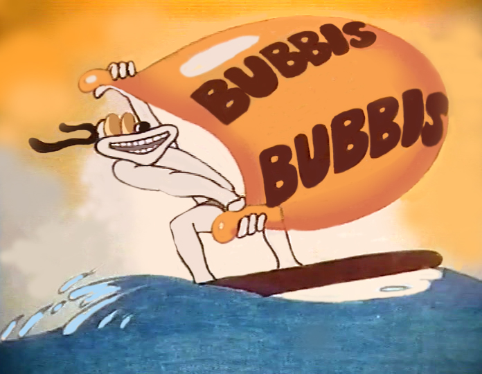 Still from Chocolate Bubbis, a surfer rides a blue wave holding a huge orange bubble lettered BUBBIS twice