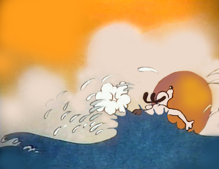Still from Chocolate Bubbis, the surfer falls into white spray with the orange bubble behind him