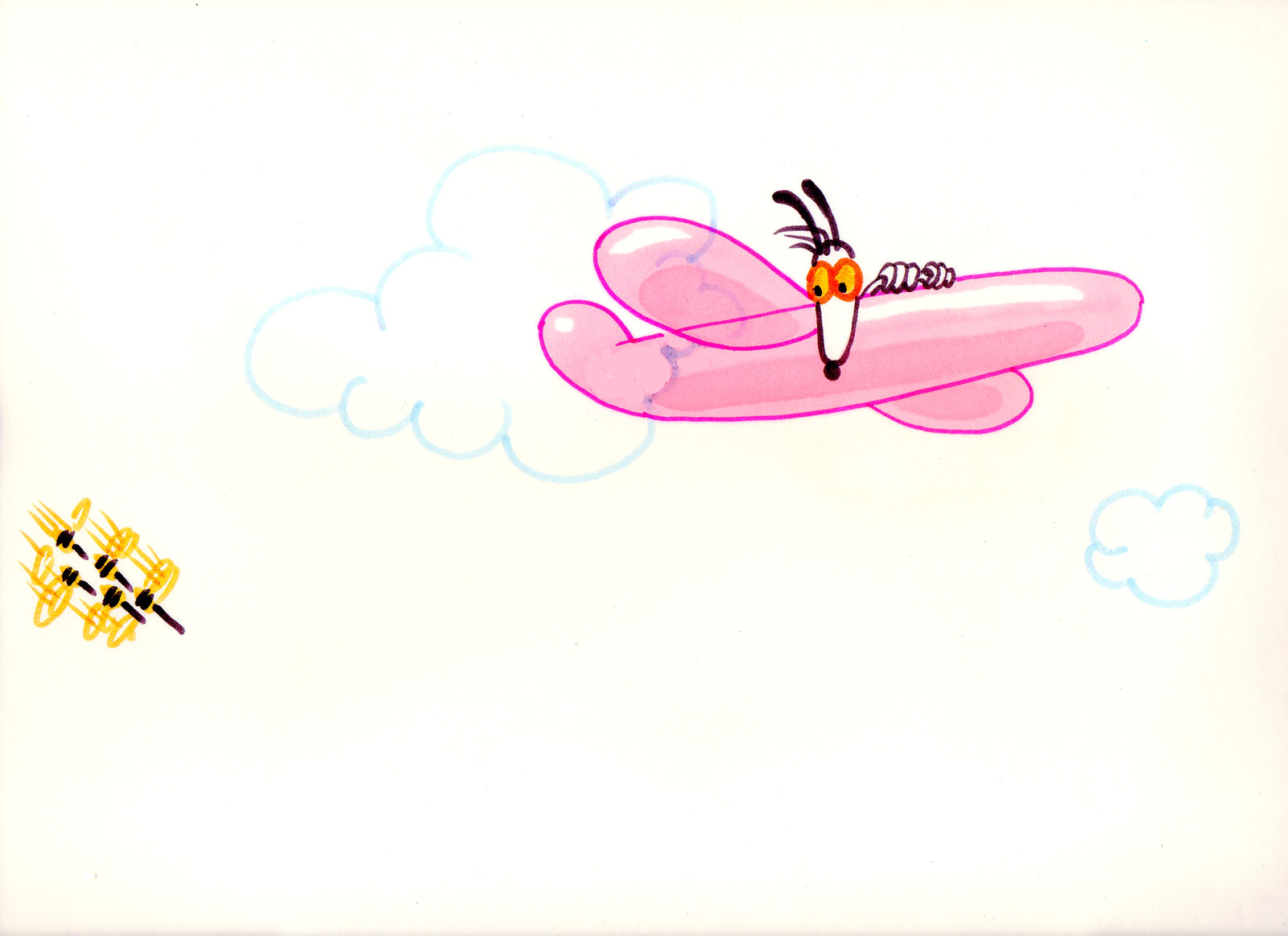 Still from Bubbis and the Bees, wasps chase the character’s pink bubble-gum aeroplane past pale blue clouds