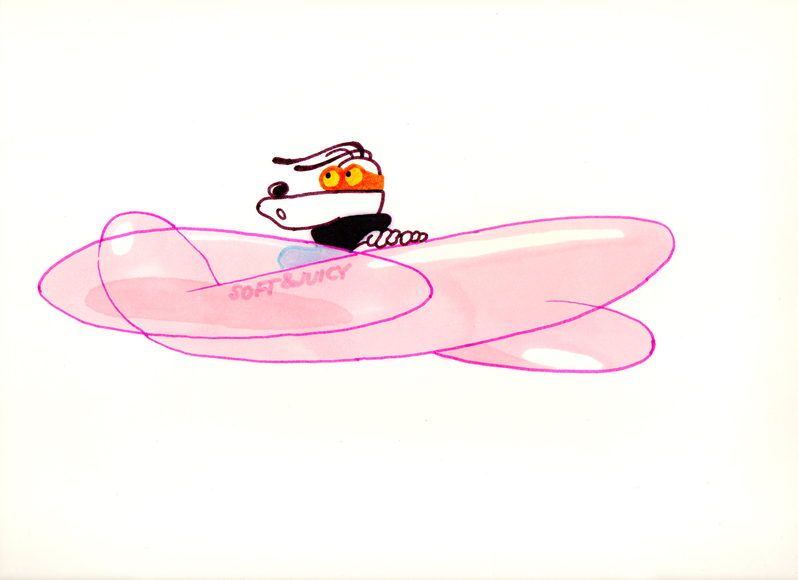 Still from Bubbis and the Bees, the character flies a pink bubble-gum aeroplane lettered SOFT & JUICY