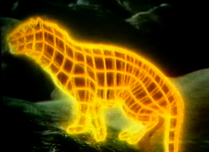 A glowing yellow wireframe tiger walks in front of the Esso Uniflo bottle.