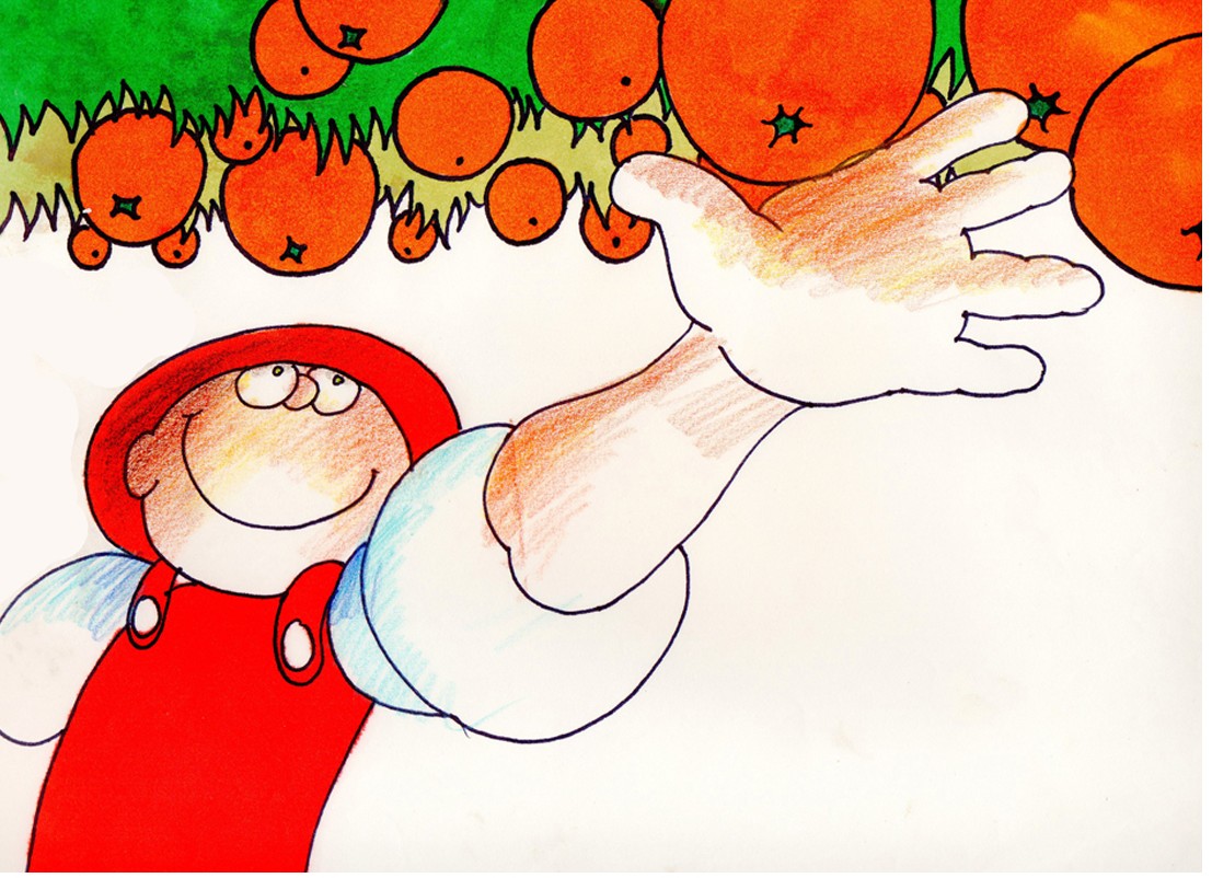 Drawing for Farmarin Juissi: a round-faced farmer in a red hat and red dungarees reaches up with a huge white-gloved hand towards a canopy of oranges.