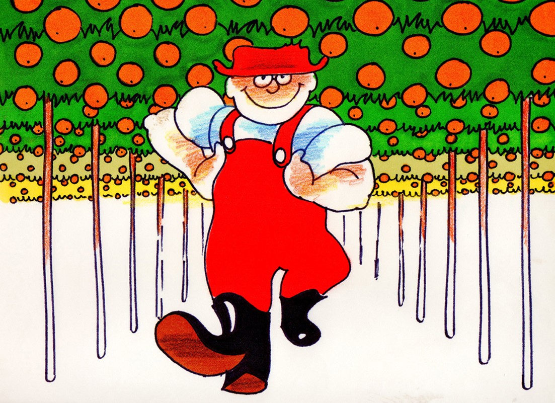 Drawing for Farmarin Juissi: the farmer in red dungarees and black boots strides out of an orange grove, rows of thin trunks behind him.