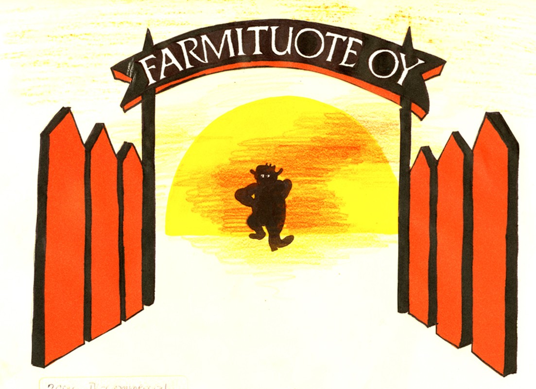 Drawing for Farmarin Juissi: a small dark figure walks out of a yellow sunrise between orange fence posts, under an arch that reads Farmituote Oy.