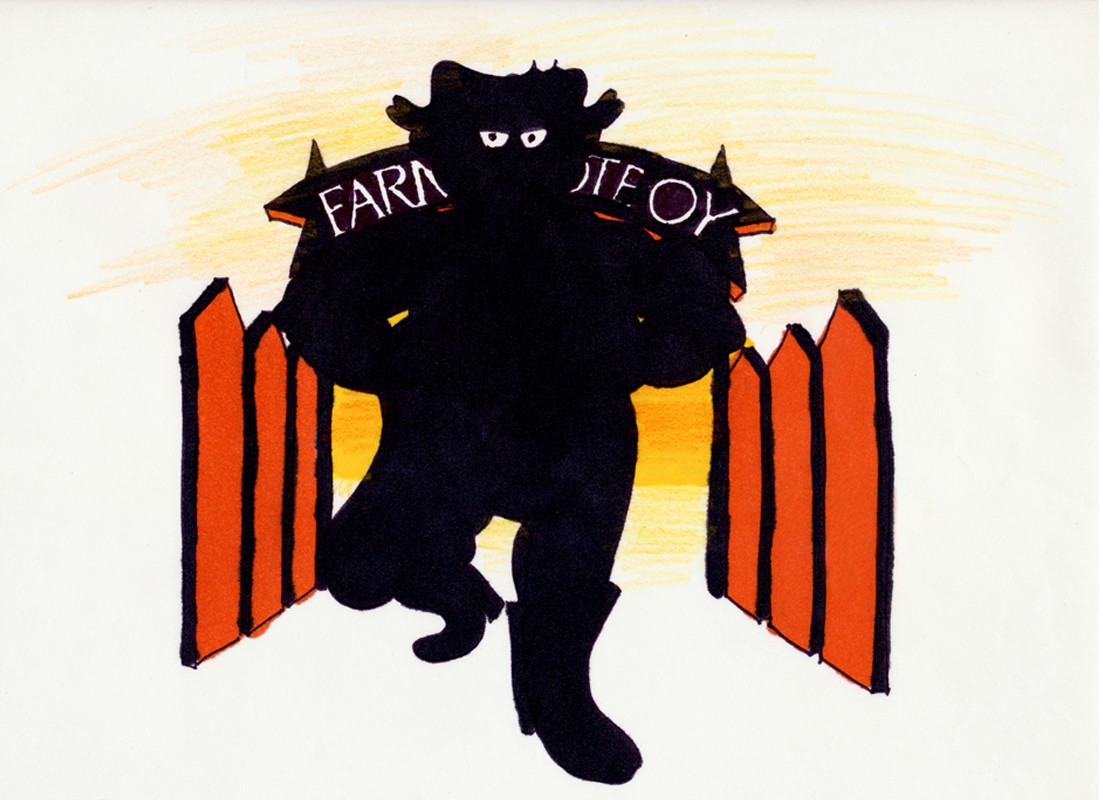 Drawing for Farmarin Juissi: the farmer as a black silhouette with white eyes strides through the gate towards the viewer, the sun behind him.