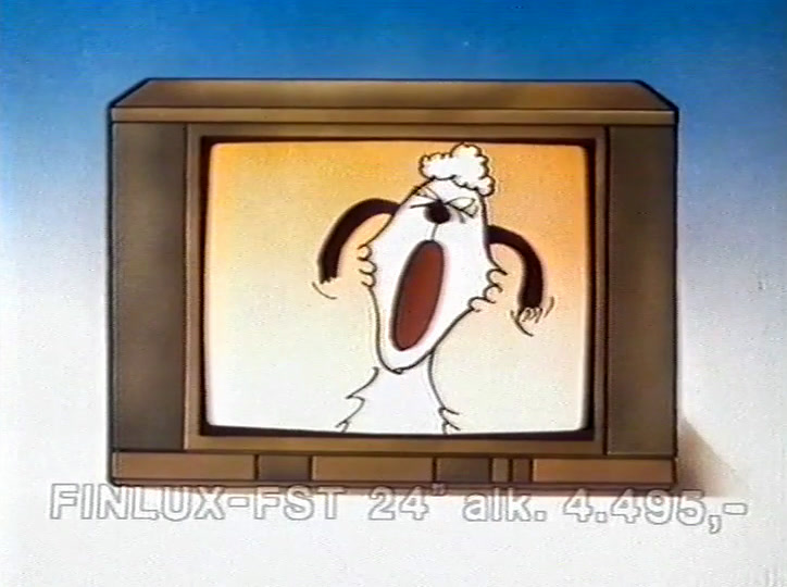 A cartoon dog howls on the screen above a price line for the 24 inch set.