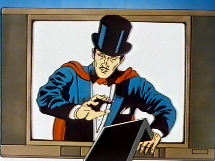 A drawn magician in top hat and cape stands inside a television cabinet, hands raised.