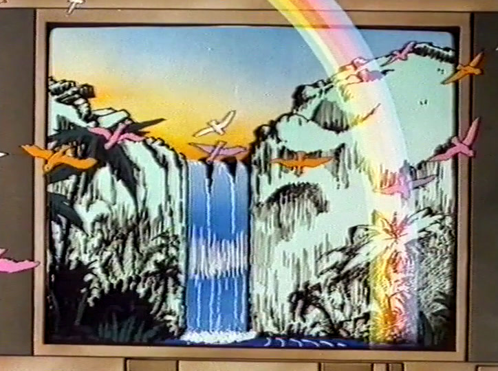 Jungle waterfall with rainbow and flying birds fills the screen, super reads CTI-väriterävöinti.