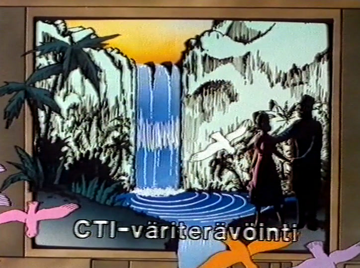 The same waterfall, now with two dark figures standing at the water’s edge.