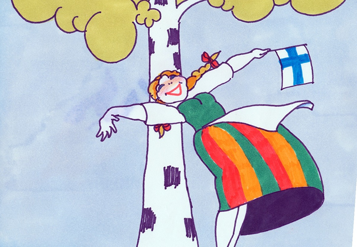 Drawing for Formia Ksylitol: a girl with plaits, in a skirt striped orange, green and red, hugs a birch tree and waves a small Finnish flag against a pale blue sky.