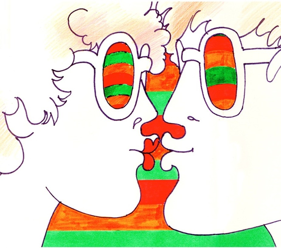 Drawing for Formia Ksylitol: two curly-haired faces in big round glasses kiss, the lenses and their necks striped red, green and orange.