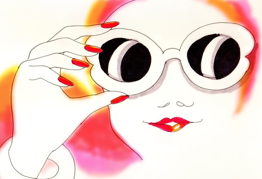 Still from Invite, Hai!: a red-nailed hand takes hold of the white sunglasses to lift them.