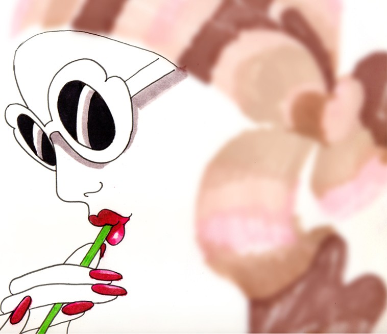 Still from Invite, Hai!: the woman in profile again, red lips at the straw, red nails, her scarf now a blur of brown and pink.