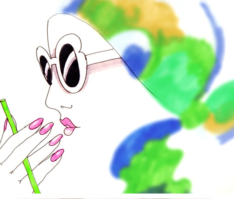 Still from Invite, Hai!: a woman in profile, in white sunglasses, sips through a green straw with pink nails, her scarf a soft blur of green and blue.