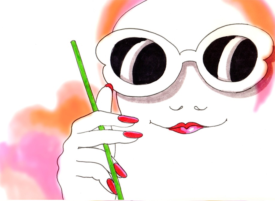 Still from Invite, Hai!: the woman faces us in round white sunglasses, red lips, a green straw in her red-nailed hand, a blurred pink and orange scarf behind.