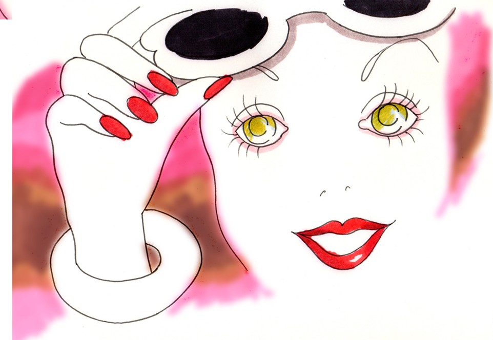 Still from Invite, Hai!: the sunglasses pushed up on her head, the woman looks out with green eyes and smiles with red lips, a white bangle on her wrist.