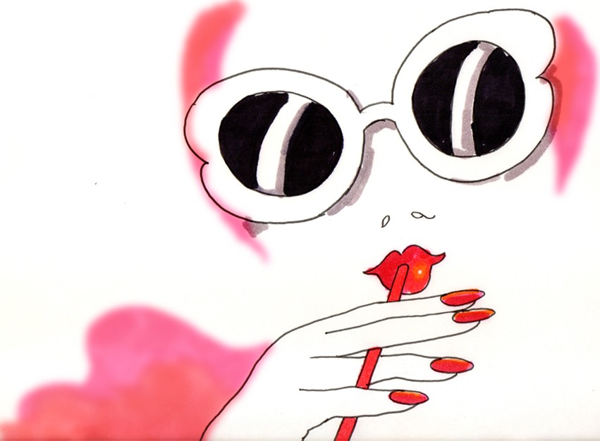 Still from Invite, Hai!: the woman in white sunglasses touches a red lipstick to her lips, a blurred pink scarf around her.