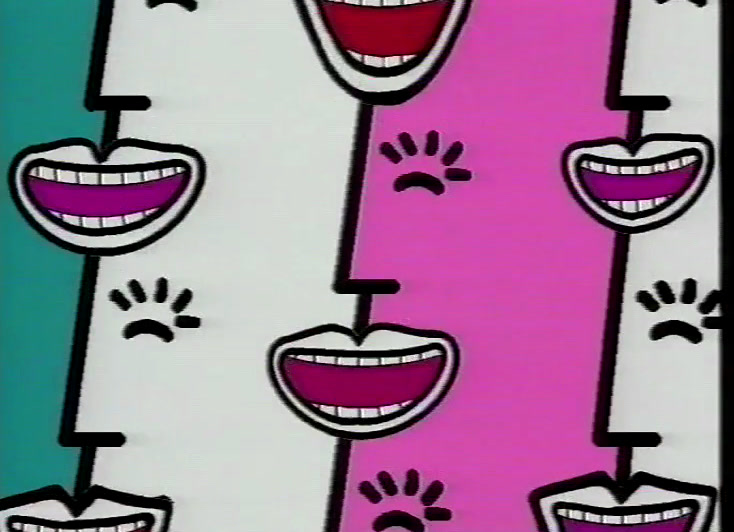 A rainbow-striped lolly in a drawn mouth, three fresh strawberries balanced on the lips.
