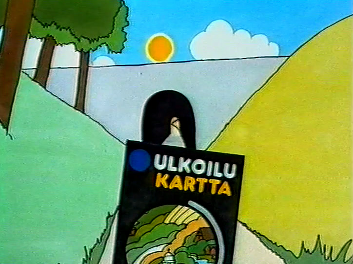 The Ulkoilu Kartta cover in front of open farmland, a signpost and a low sun.
