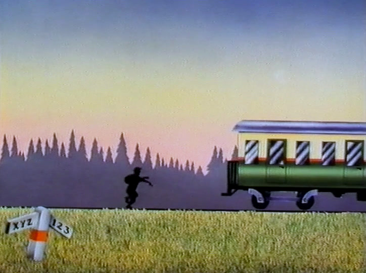 A green railway carriage crosses a dusk landscape of pink sky and dark firs.