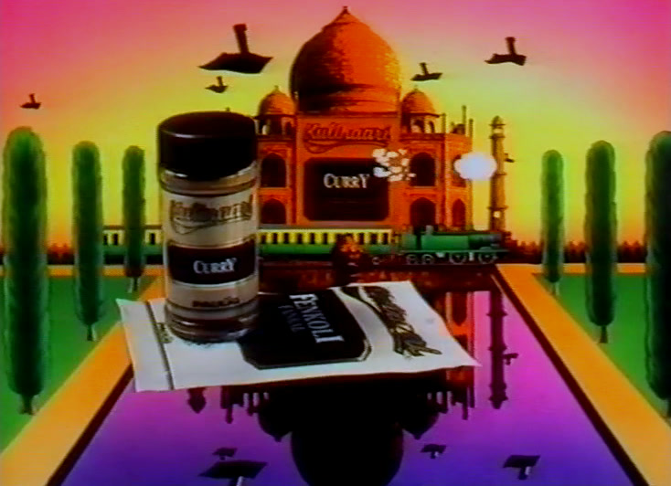 Two spice jars stand before the drawn palace, birds crossing a coloured sky.