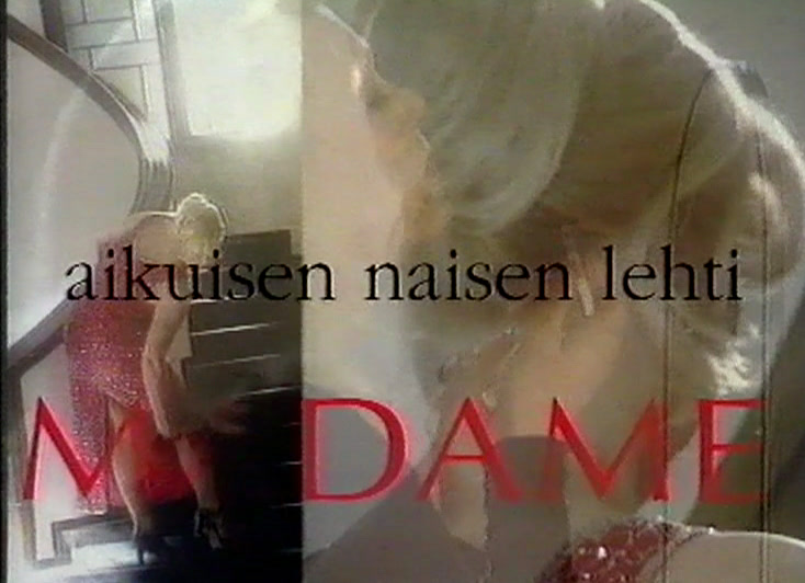 A woman on a staircase dissolving into a close-up of a smiling blonde face, MADAME in red