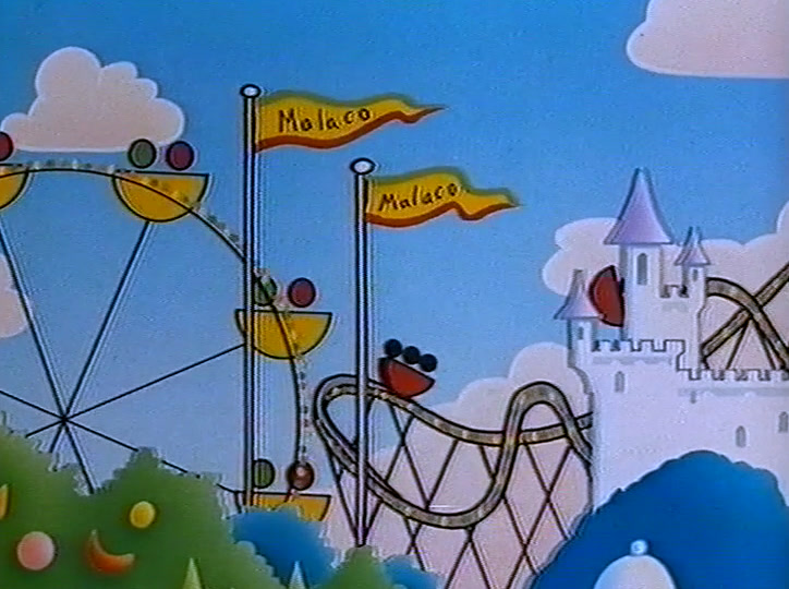 A painted fairground of sweets: big wheel, roller coaster, castle and Malaco pennants.