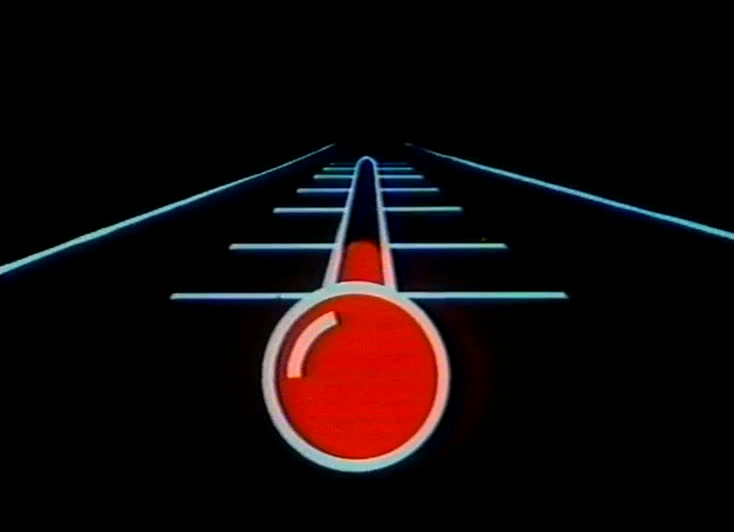 A blue neon grid road on black with a red thermometer bulb at its centre.