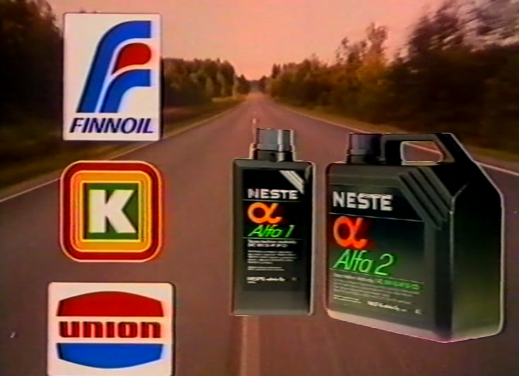 End card: Finnoil, Kesoil and Union marks beside two Neste cans on a summer road.