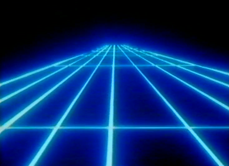 A grid of blue lines recedes into black, drawn like an electronic landscape.