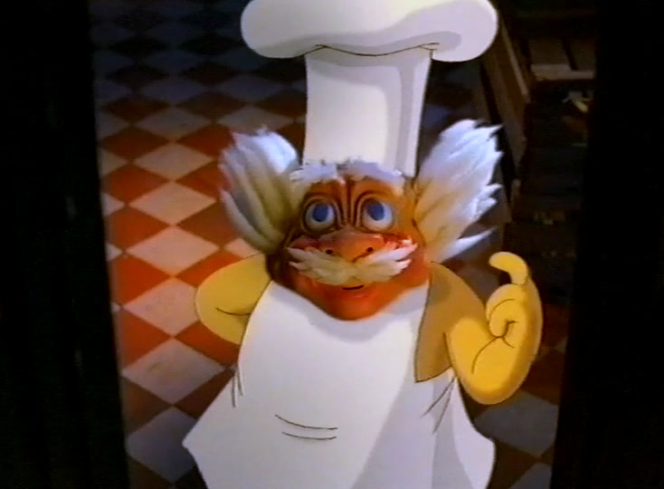The drawn baker in his tall white hat gives a thumbs-up in a tiled bakery doorway
