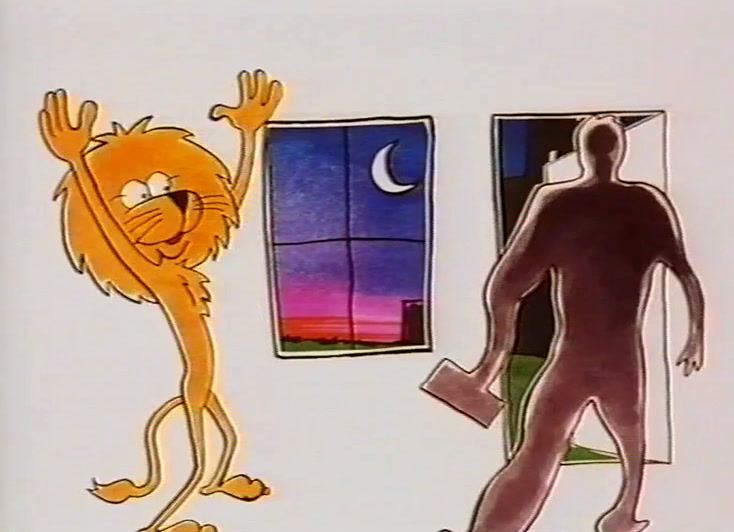 The lion’s face fills the frame before a night skyline, crescent moon and green grass.
