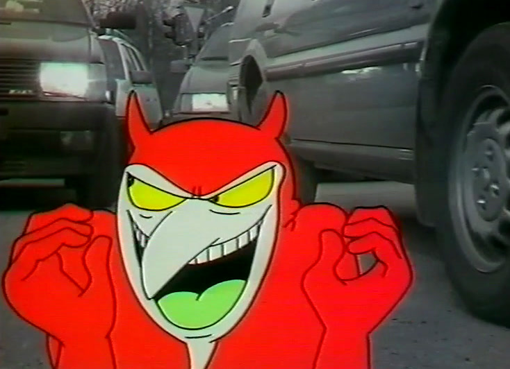 A snarling red cartoon devil with clenched fists over a queue of grey cars.