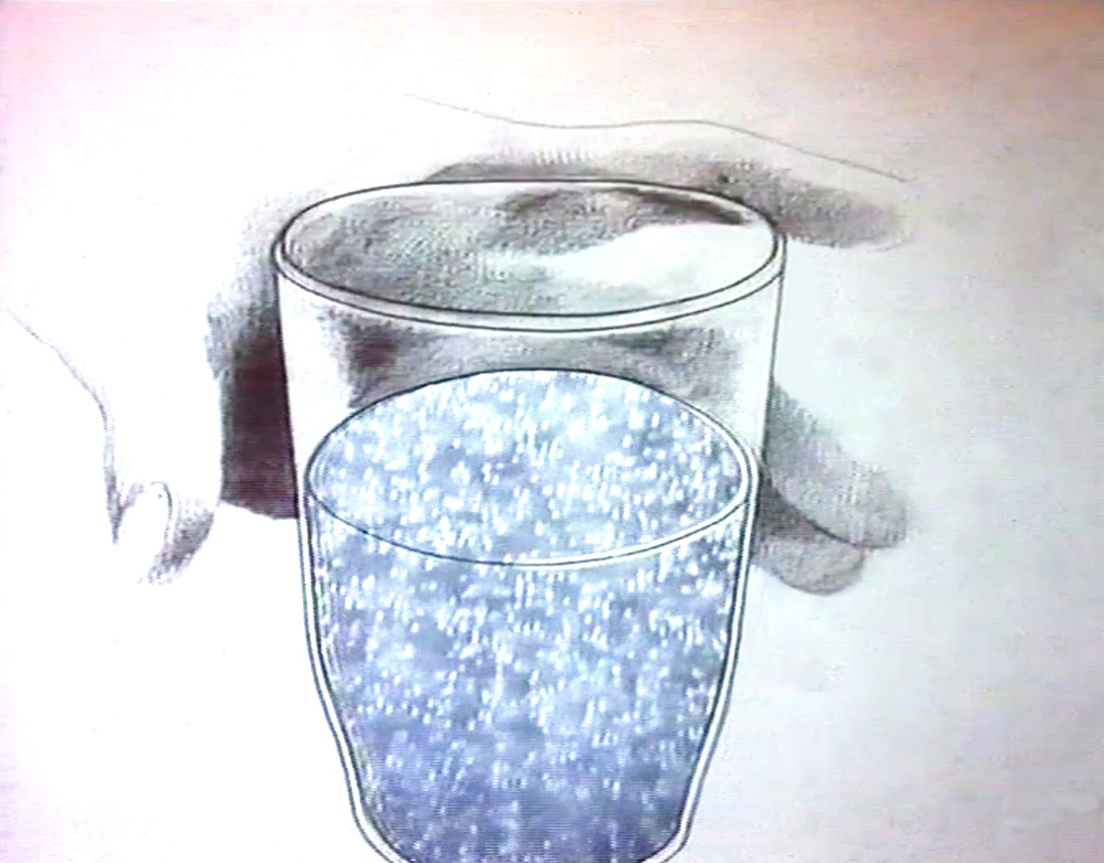 Still from Treo, a pencil-drawn hand holds a glass filled with rising bubbles