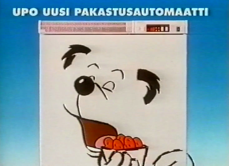 The cabinet grins and gestures with a drawn paw under the banner UPO UUSI PAKASTUSAUTOMAATTI.
