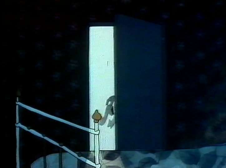 A near-black bedroom with a bright lit doorway and a bed rail in silhouette.