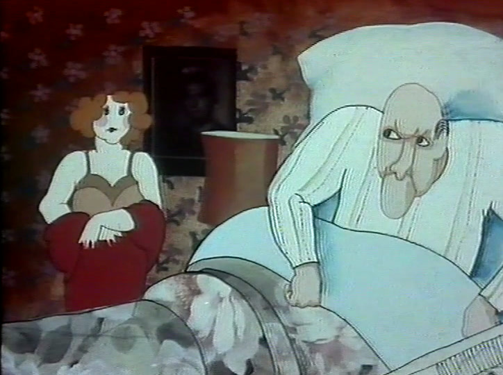 The woman waits in a slip against red floral wallpaper, hands pressed together.