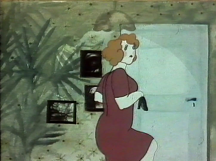 The woman walks toward the door past framed pictures on a patterned wall.