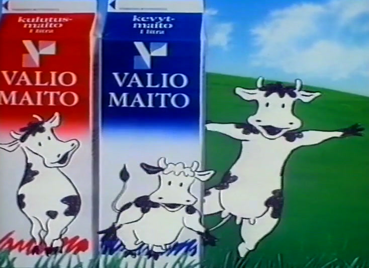 Red and dark blue cartons side by side, three drawn cows in front of them.