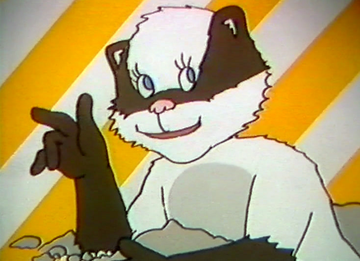 Close on the badger against yellow and white diagonal stripes, one paw raised.