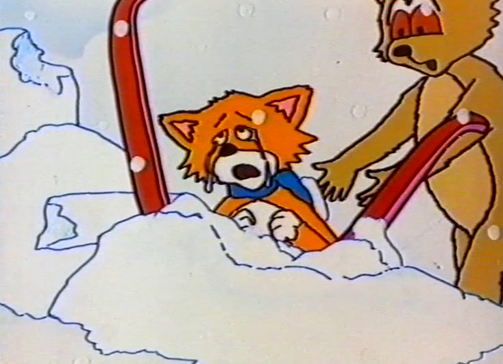 A fox cub and a bear tumble in the snow beside a red sledge.