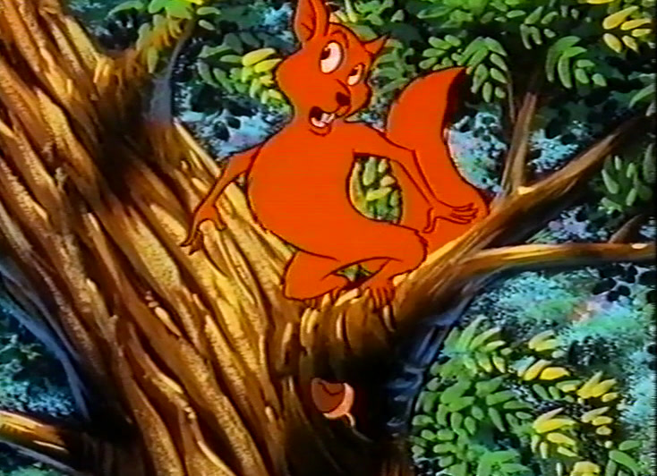 An orange cartoon squirrel sits astride a bare branch with its paws raised.