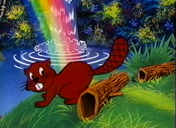 A red-brown cartoon beaver stands on a green bank beside a hollow log.