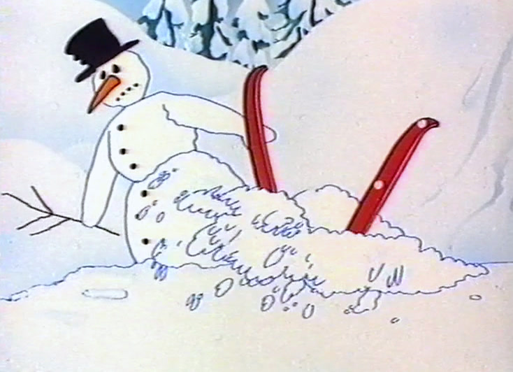 A snowman stands in deep white snow with two red sledge handles sticking up.