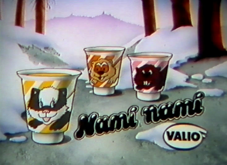 Three labelled pudding pots in the snow beside the Nami nami script and Valio oval.