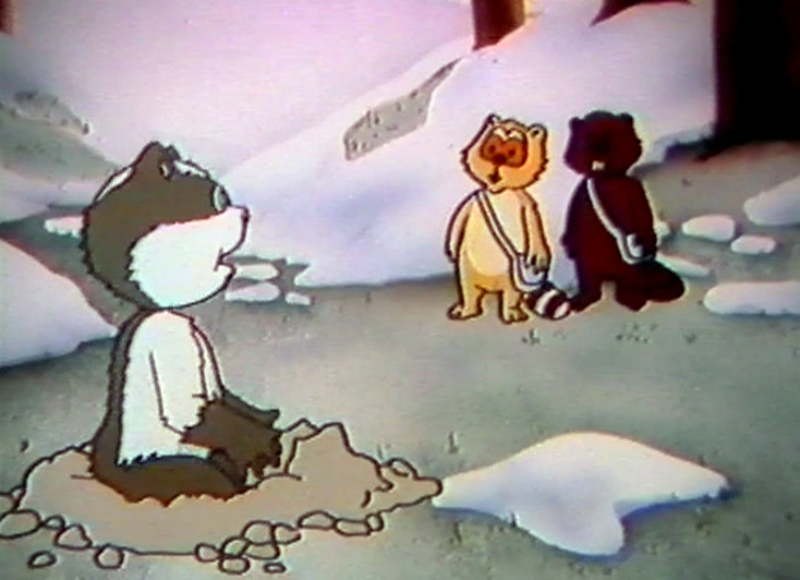 Two drawn cubs, one tan and one dark red, meet in a pink snowy wood.