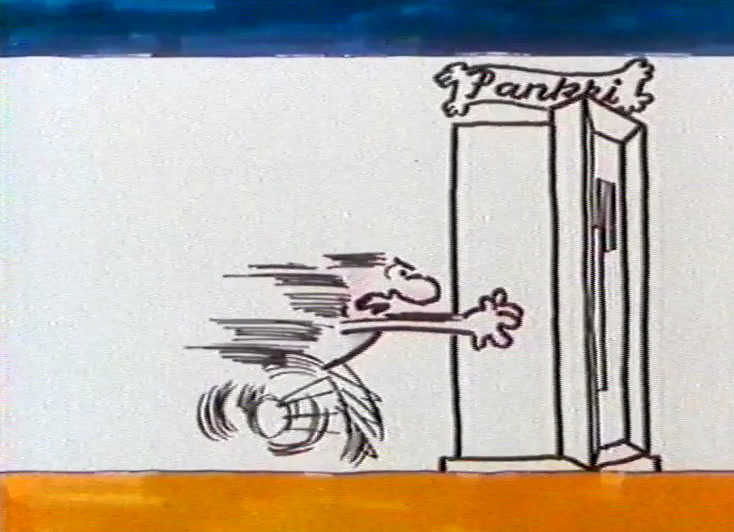 The drawn man bursts out through the doorway with speed lines trailing behind him.